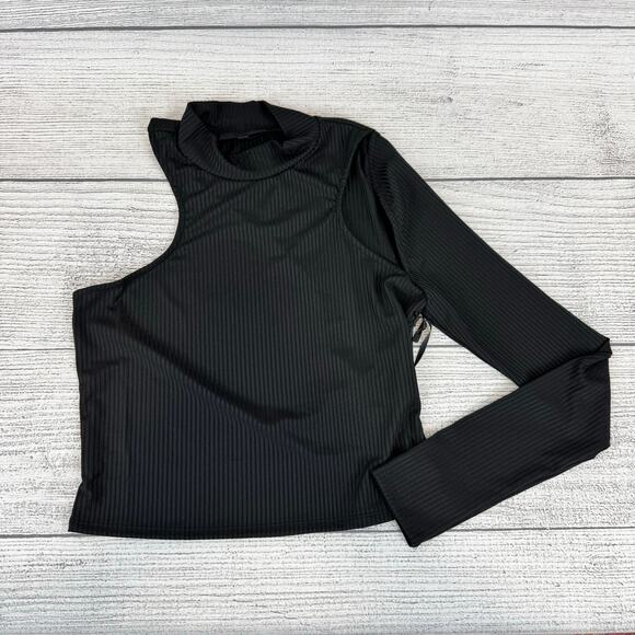 H:ours Women's Black Ribbed Mock Neck One Sleeve Cut Out Top Size Medium - Picture 1 of 7